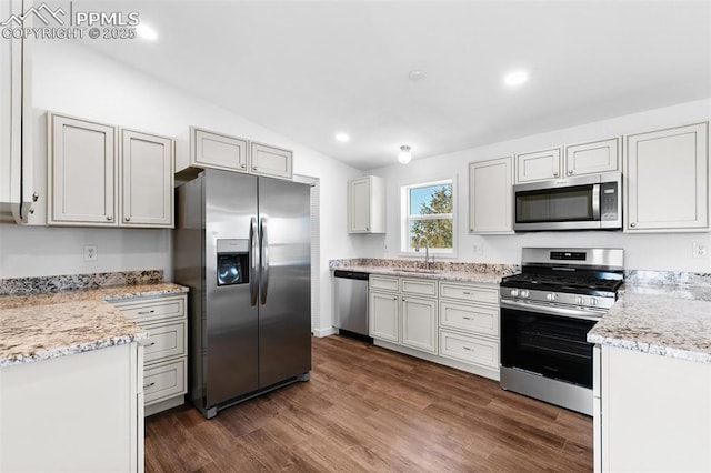 kitchen featuring lofted ceiling, sink, dark wood-type flooring, and stainless steel appliances