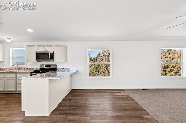 kitchen with white cabinetry, light stone countertops, stainless steel appliances, and sink