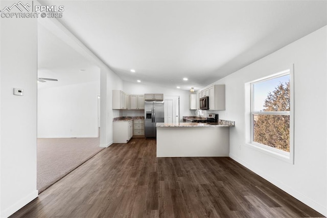 kitchen with dark hardwood / wood-style flooring, light stone countertops, kitchen peninsula, and appliances with stainless steel finishes