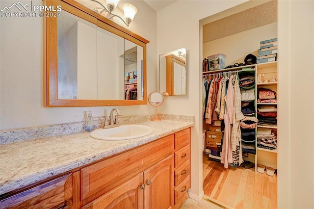 bathroom with vanity and wood-type flooring