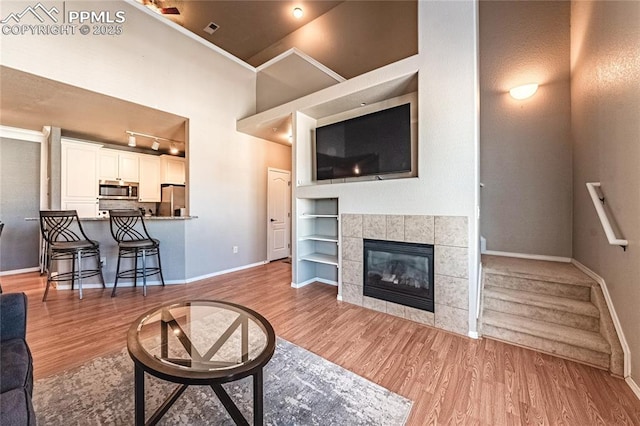 living room featuring light hardwood / wood-style flooring, a tile fireplace, and track lighting