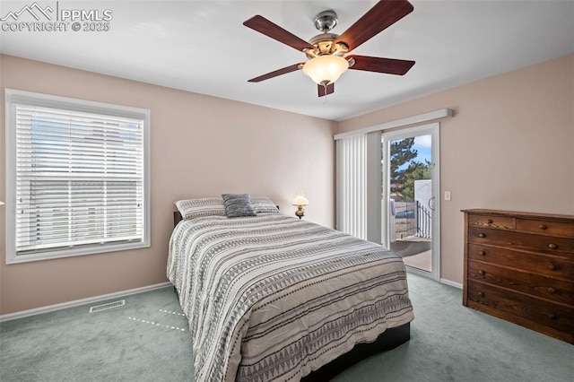 bedroom with access to exterior, light colored carpet, and ceiling fan