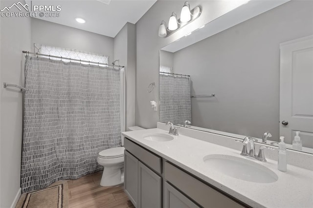 bathroom with hardwood / wood-style flooring, vanity, toilet, and curtained shower