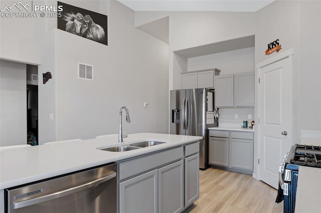 kitchen featuring gray cabinetry, sink, light hardwood / wood-style flooring, and appliances with stainless steel finishes