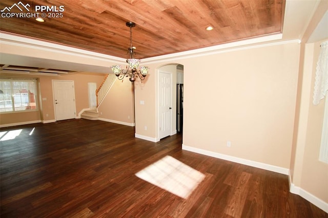 unfurnished dining area featuring a tray ceiling, wooden ceiling, and dark hardwood / wood-style floors