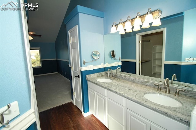 bathroom with wood-type flooring, vanity, and ceiling fan