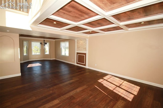 unfurnished living room with a chandelier, coffered ceiling, ornamental molding, dark hardwood / wood-style flooring, and beamed ceiling