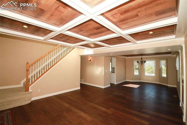 unfurnished living room with coffered ceiling, dark hardwood / wood-style floors, an inviting chandelier, and wooden ceiling