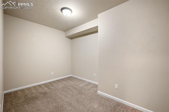 unfurnished room with carpet and a textured ceiling