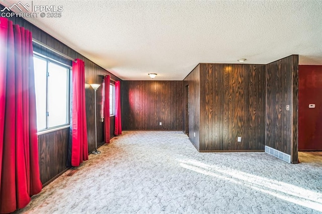 carpeted spare room with wooden walls and a textured ceiling