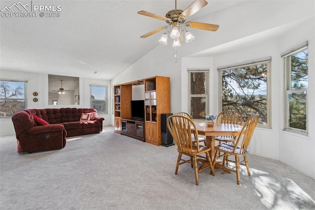 carpeted dining space featuring ceiling fan, a healthy amount of sunlight, and vaulted ceiling