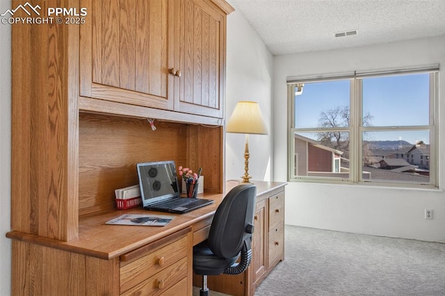 carpeted home office featuring a textured ceiling