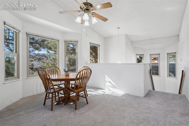 dining area with carpet floors, a textured ceiling, and vaulted ceiling