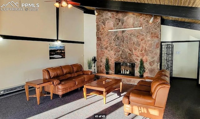 carpeted living room with high vaulted ceiling, wooden ceiling, beamed ceiling, ceiling fan, and a fireplace