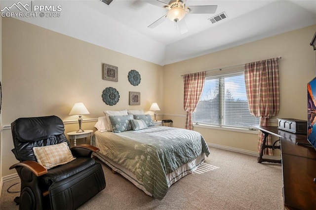 carpeted bedroom featuring vaulted ceiling and ceiling fan