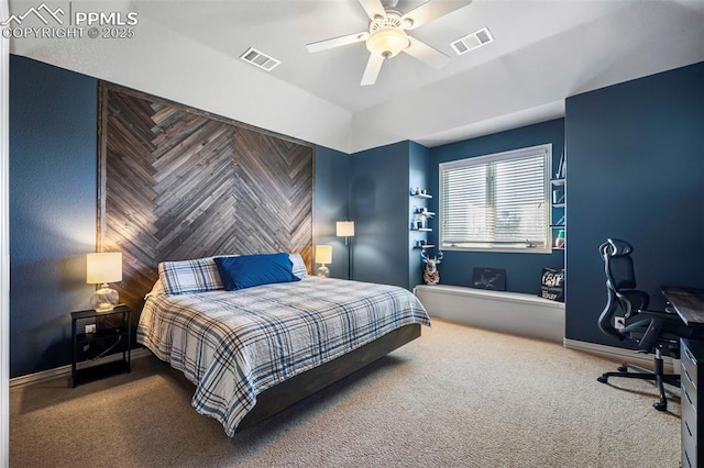 carpeted bedroom with ceiling fan