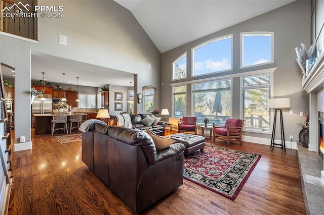 living room featuring dark wood-type flooring, lofted ceiling, and a healthy amount of sunlight