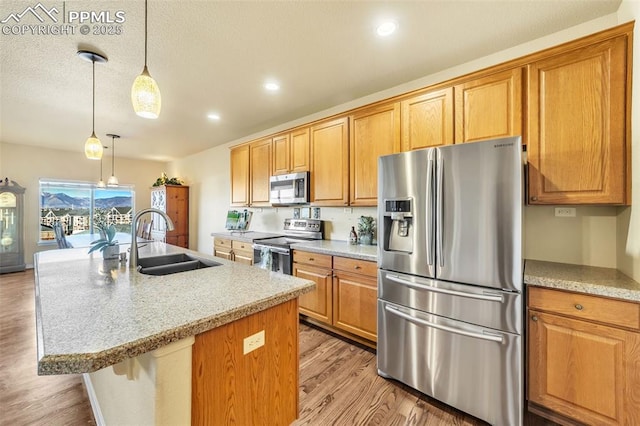 kitchen with light wood-type flooring, an island with sink, hanging light fixtures, sink, and appliances with stainless steel finishes