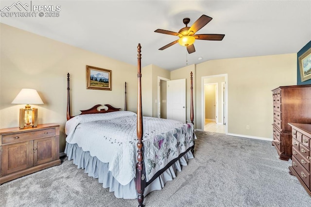 carpeted bedroom featuring lofted ceiling and ceiling fan