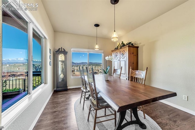 dining space featuring dark wood-type flooring and a mountain view