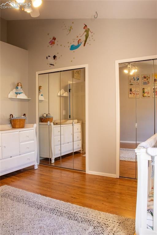 unfurnished bedroom featuring wood-type flooring and two closets