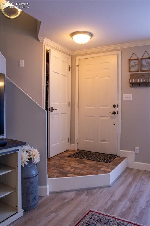 entrance foyer featuring wood-type flooring and ornamental molding