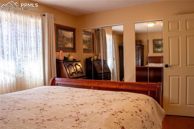 bedroom with two closets and a textured ceiling