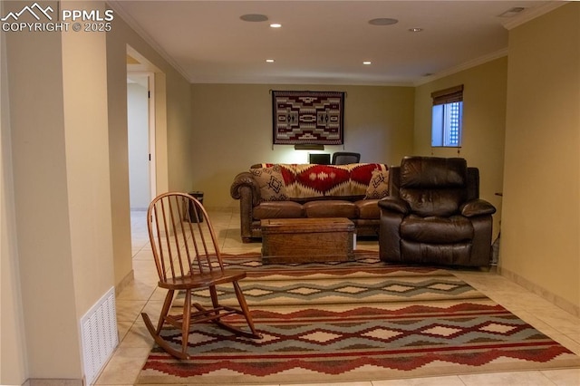 tiled living room featuring ornamental molding