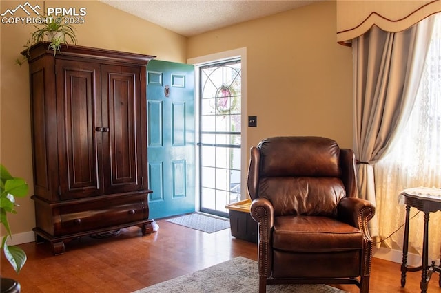 sitting room featuring a textured ceiling and light wood-type flooring