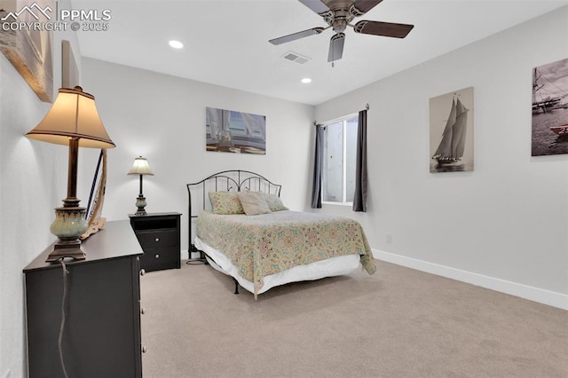 bedroom featuring recessed lighting, visible vents, baseboards, and light colored carpet