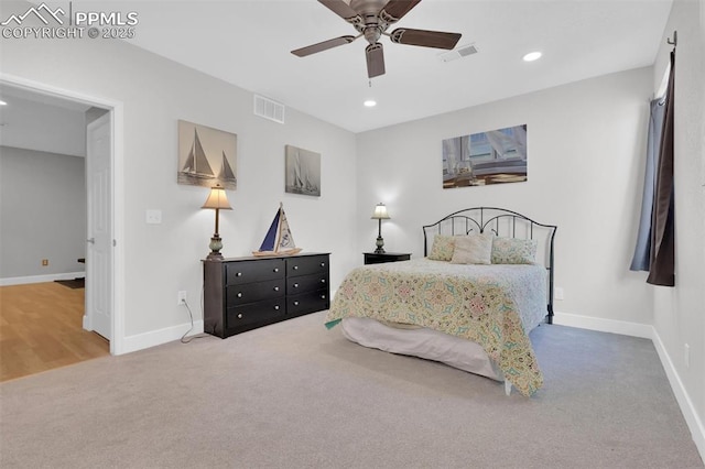 carpeted bedroom with recessed lighting, visible vents, baseboards, and a ceiling fan