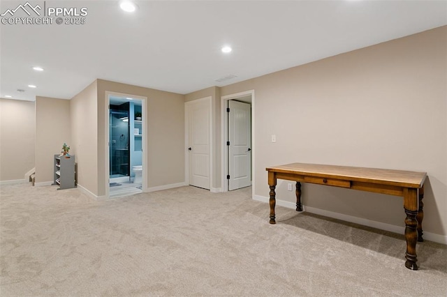 interior space with recessed lighting, baseboards, and carpet floors