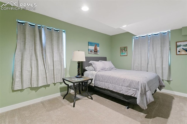 bedroom with recessed lighting, baseboards, and carpet