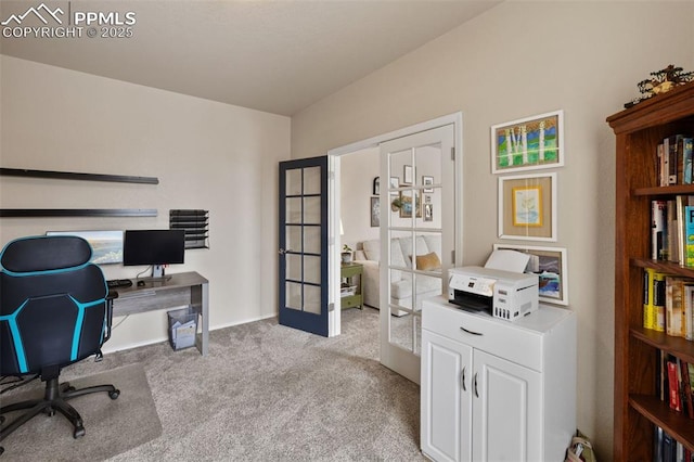 office area featuring light carpet and french doors