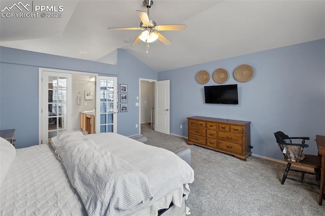 bedroom with ceiling fan, light colored carpet, and lofted ceiling