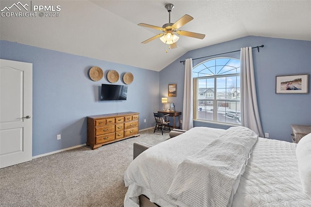 bedroom with light carpet, lofted ceiling, and ceiling fan