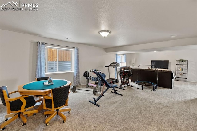 workout room featuring light colored carpet and a textured ceiling