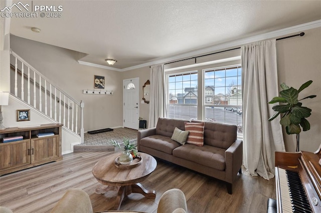 living room featuring light hardwood / wood-style flooring, ornamental molding, and a textured ceiling