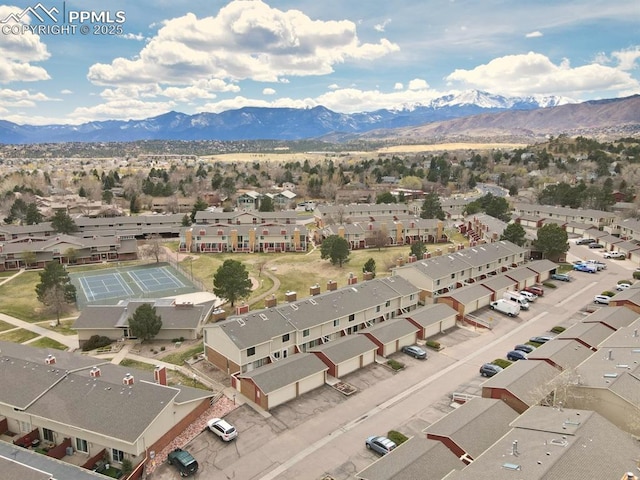 drone / aerial view featuring a mountain view