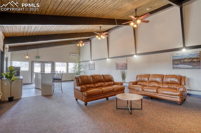 carpeted living room with beamed ceiling, a wall mounted AC, wood ceiling, and high vaulted ceiling