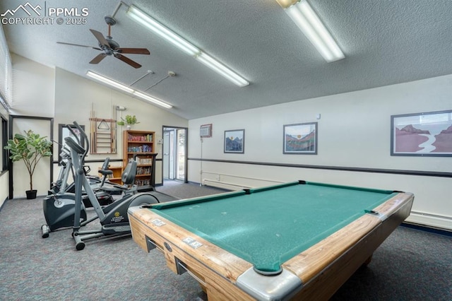 recreation room with ceiling fan, lofted ceiling, carpet, and a textured ceiling