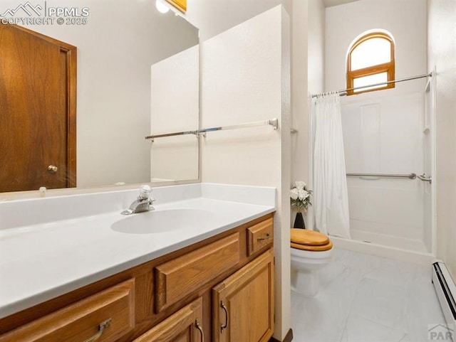 bathroom with baseboard heating, vanity, toilet, and a stall shower