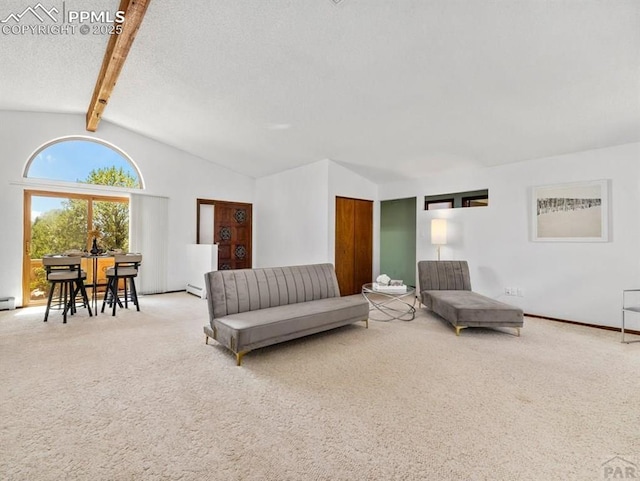 carpeted living room with vaulted ceiling with beams, baseboards, and a textured ceiling