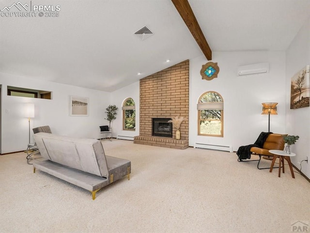 living area featuring visible vents, a wall unit AC, vaulted ceiling with beams, carpet floors, and a brick fireplace