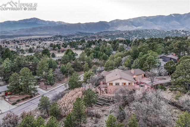 drone / aerial view featuring a mountain view