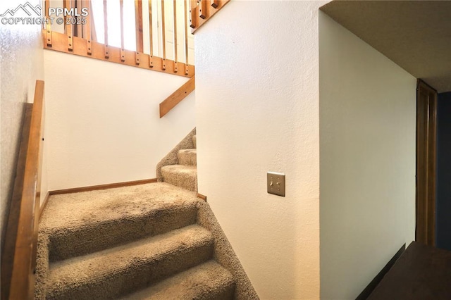 stairs featuring carpet flooring and baseboards