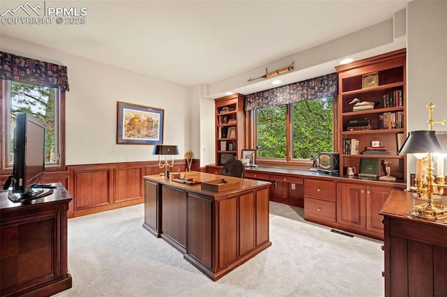 office featuring a wainscoted wall, a wealth of natural light, and light carpet