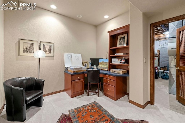 home office with recessed lighting, baseboards, and light colored carpet