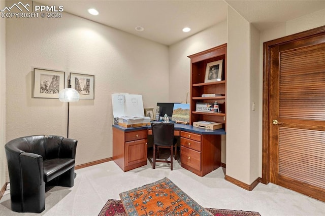 office with recessed lighting, baseboards, and light carpet