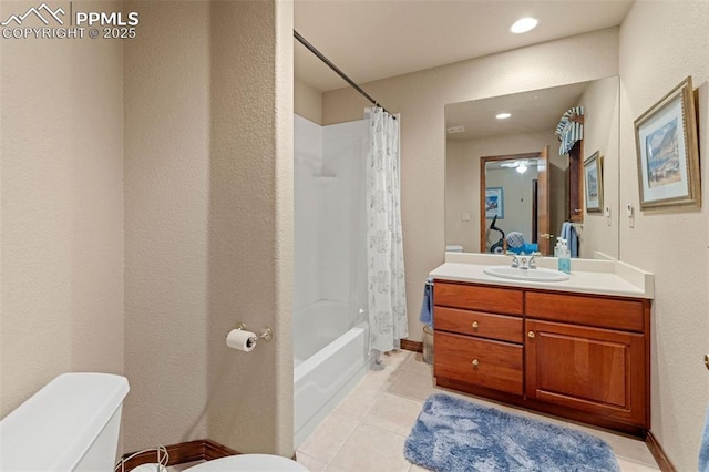 full bath with shower / bath combo with shower curtain, toilet, recessed lighting, tile patterned floors, and vanity